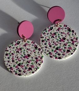 Matte Pink Round Stud Pink Blossom Polymer Clay Earrings