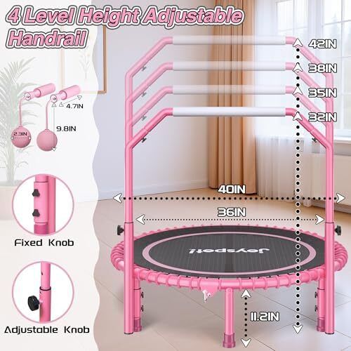 450 LBS Foldable Mini Trampoline for Adults, 40 inch Indoor Fitness Rebounder with U-Shape Adjustable Foam Handle, Quiet Bungee Jump System & Cordless Jump Ropes