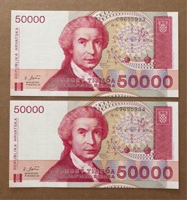 Croatia 2x50000 Dinara 1993 Consecutive Banknotes