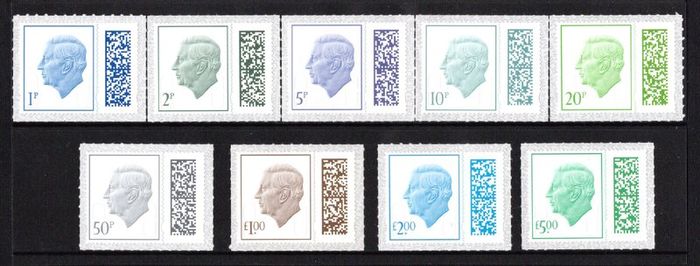 2023 Great Britain King Charles III Definitive stamps (1p-UK5) with barcode Stamps Mint Never Hinged (MNH)