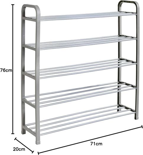 NEW SALE | 5 Tier Shoe Slots Rack - Space Saving Shoe Storage Organiser with Quick, Tool-Free Assembly - Shoe Slots Holds 15-20 Pairs - Dimensions (L) 75.5cm x (W) 18.5cm x (H) 75.5cm - Silver