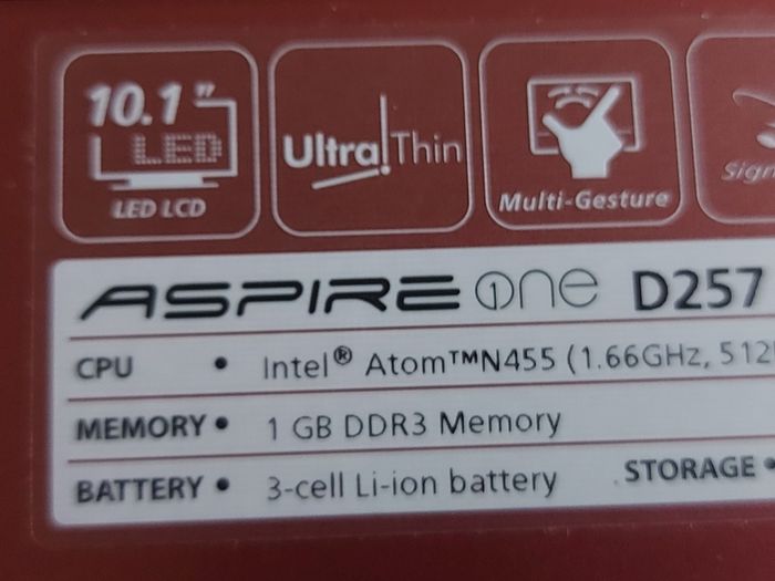 ACER Aspire One, Model D257, Intel Atom N455, 1.66GHz, 1 GB Ram, 250 GB HDD, Windows 7, 32 bit, firefox, Opera, Chrome