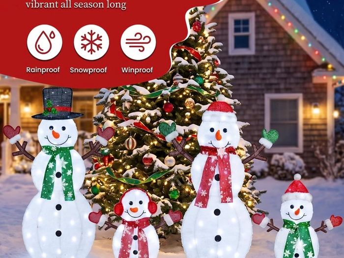 48 in 4-Piece 2D Lighted Snowman Family Outdoor Christmas Decorations, 100 LED Yard Display with Stakes and Zip Ties for Lawn, Porch, Garden and Indoor Holiday Decor