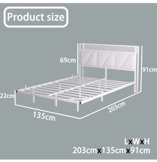 Floating Double Bed Frame with Upholstered Headboard Storage, White 135x190cm Metal Bed Frame with LED Lights & USB Charging Station, 4ft6 Platform Bed, Heavy Duty Metal Slats, Noise Free