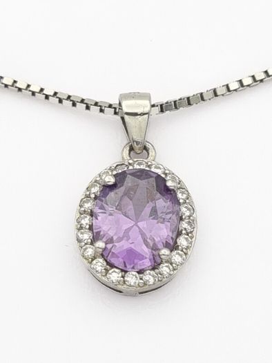 925 Silver Cubic Zirconia Halo Amethyst Necklace