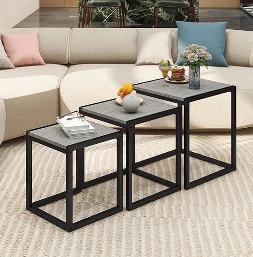 Wooden Nesting Tables Set of 3 Coffee Table, Stacking Side End Tables for Living Room, Grey