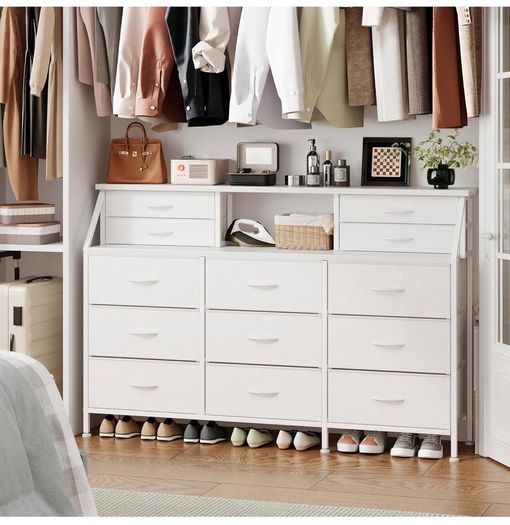 Dresser for Bedroom with 13 Drawers, 55 Wide Chest of Drawers, Fabric Dresser with 2 Wooden Shelves