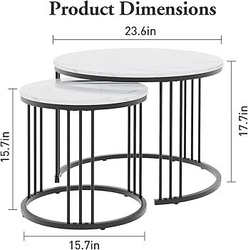 Round Coffee Tables, Set of 2 End Table, Nesting Tables, Side Table with Metal Frame for Living Room/Bedroom/Balcony/Office/Apartment, Diameter 23.6/15.7 IN (Black Frame, White Marble Finish Top)