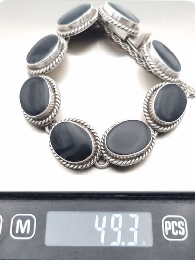 Vintage Signed Mexico Sterling Silver Onyx Chunky Bracelet
