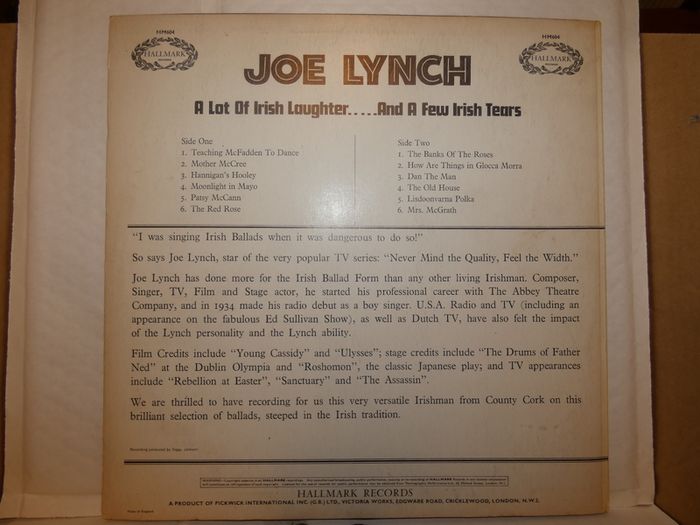 Joe Lynch A Lot Of Irish Laughter And A Few Irish Tears 1969 Uk Pressing Lp
