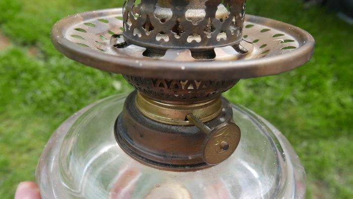Vintage Victorian oil lamp CAST IRON BASE with Bristol  bowl