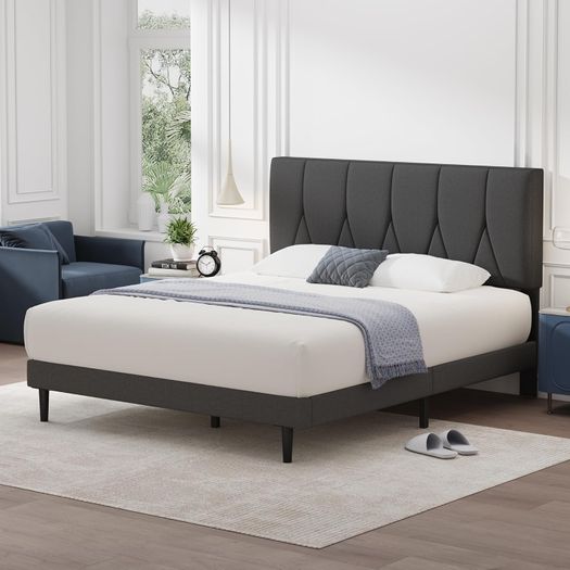 Double Bed Frame, Dark Grey, Upholstered Wooden Slat Bed Frame with Headboard, Easy Assembly, Underbed Storage, No Box Spring Needed