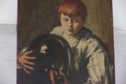 a antique water colour of a boy holding a large glass  bottle