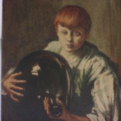 a antique water colour of a boy holding a large glass  bottle
