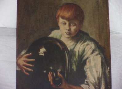 a antique water colour of a boy holding a large glass  bottle