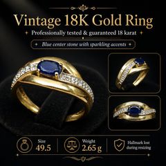 Vintage 18K Gold Ring with Blue Stone Size 49.5