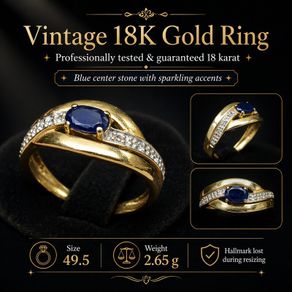 Vintage 18K Gold Ring with Blue Stone Size 49.5