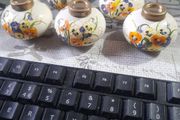 5 Beautiful Old Ceramic Oil Lamps, Painted with Orange, Yellow, and Blue Pansies Postage Available