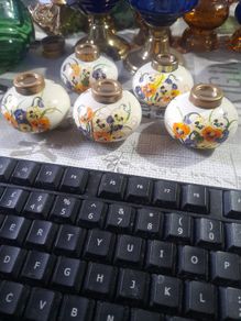 5 Beautiful Old Ceramic Oil Lamps, Painted with Orange, Yellow, and Blue Pansies Postage Available