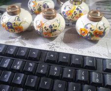 5 Beautiful Old Ceramic Oil Lamps, Painted with Orange, Yellow, and Blue Pansies Postage Available