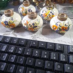 5 Beautiful Old Ceramic Oil Lamps, Painted with Orange, Yellow, and Blue Pansies Postage Available