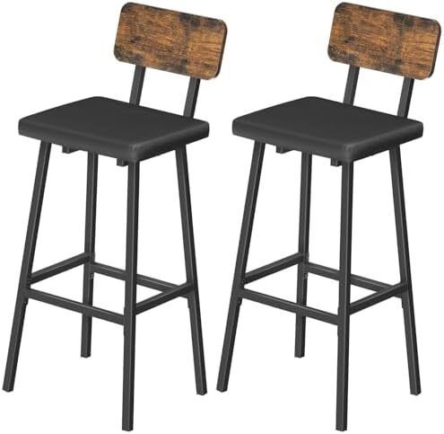 Bar Stools Set of 2, PU Upholstered Breakfast Bar Stools, Industrial Barstools with Backrest and Footrests, Bar Chairs for Kitchen, Dining Room, Bar, Rustic Brown and Black