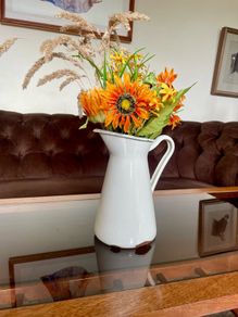 Vintage Shabby Chic Antique White Enamel Jug Vase