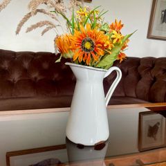 Vintage Shabby Chic Antique White Enamel Jug Vase