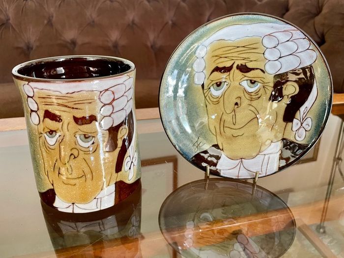 1960s Design English Chelsea Pottery Set Earthenware Glazed Footed Dish and Mug Barrister Judge Collectible