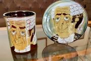1960s Design English Chelsea Pottery Set Earthenware Glazed Footed Dish and Mug Barrister Judge Collectible
