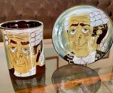 1960s Design English Chelsea Pottery Set Earthenware Glazed Footed Dish and Mug Barrister Judge Collectible