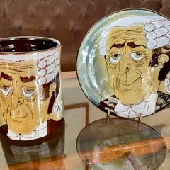 1960s Design English Chelsea Pottery Set Earthenware Glazed Footed Dish and Mug Barrister Judge Collectible