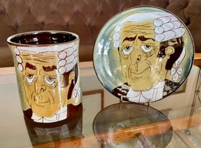 1960s Design English Chelsea Pottery Set Earthenware Glazed Footed Dish and Mug Barrister Judge Collectible
