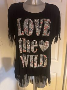 Canda Black fringe slogan top size M UK14/16 EU42/44 Postage included