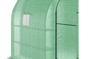 Lean to Wall Greenhouse with 2 Tiers 4 Wired Shelves, Walk-In Plant Shelter with Mesh Windows and Doors, 200L x 100W x 215Hcm, Green