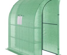 Lean to Wall Greenhouse with 2 Tiers 4 Wired Shelves, Walk-In Plant Shelter with Mesh Windows and Doors, 200L x 100W x 215Hcm, Green