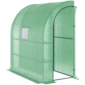 Lean to Wall Greenhouse with 2 Tiers 4 Wired Shelves, Walk-In Plant Shelter with Mesh Windows and Doors, 200L x 100W x 215Hcm, Green