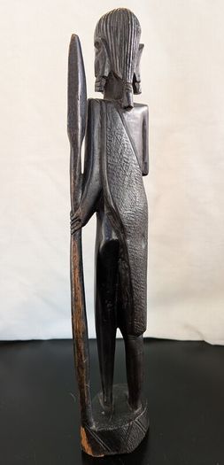 African Wooden Figures Pair Warrior Spear Water Carrier Hand Carved