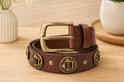 Unisex Genuine Leather Studded Belt Vintage Brown Leather Belt with Antique Brass Rivets &amp; Buckle