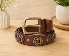 Unisex Genuine Leather Studded Belt Vintage Brown Leather Belt with Antique Brass Rivets & Buckle