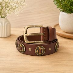 Unisex Genuine Leather Studded Belt Vintage Brown Leather Belt with Antique Brass Rivets & Buckle