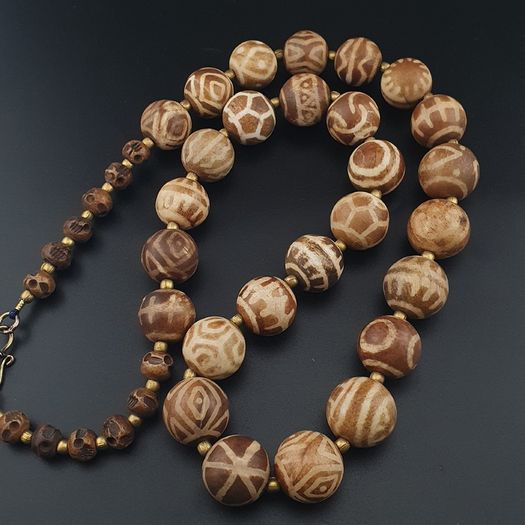 Burmese Antique Pumtek Pyu & Skull Shape Beads Necklace 26 inches