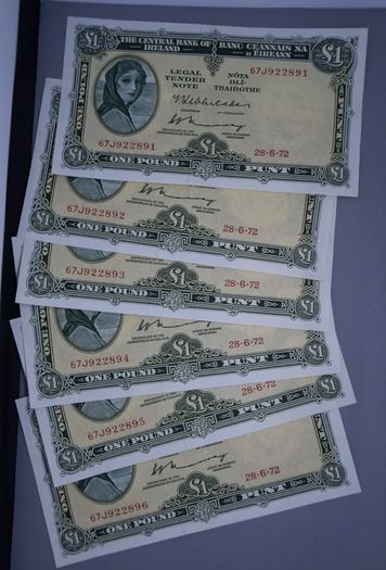 Ireland 1972 Lady Lavery 1 Pound Banknotes Uncirculated x6 Crisp Consecutive Numbers