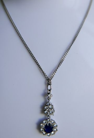 Vintage Circa 1990s 18k white Gold 750 Natural Diamonds and Sapphire Decorated Necklace L 13,5" - 10,80g