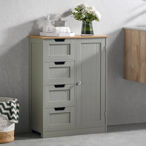 Bathroom Cabinet 4 Drawer Floor Storage Cupboard Wooden Storage Unit With 1 Door, Height Adjustable Shelf Grey