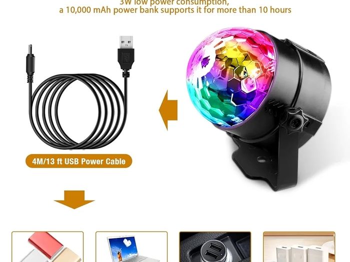 Disco Lights, 360 Rotation Sound Activated Portable  Disco Ball Lights with 4M/13ft USB Power Cable, 3W RGB Party Lights with Remote Control for Birthday/Family Gathering/Party/Home