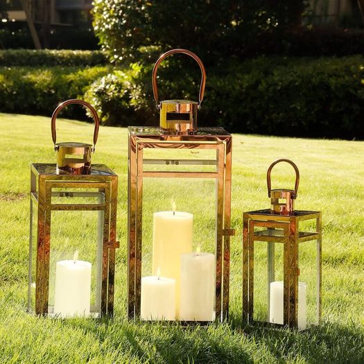 Set Of 3 Stainless Steel Candle Lantern 48cm&38cm&30cm High Metal Candle Holder With Clear Glass Panels Perfect For Home Decor Living Room Parties Events Tabletop Indoors Outdoors (Rose Gold)