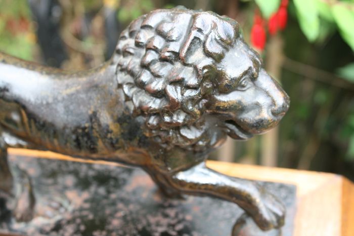 Antique Cast Iron Lion Figurine on Wooden Base