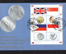 2008 United Nations (New York) Coins & Flags (Britain and British pound, Singapore and the Singapore dollar, Philippines and Philippine peso & Indonesia and Indonesian rupiah) Commemorative Stamps First Day Cover (FDC)