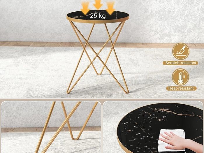 Marble Round Side Table for Living Room, Black Gold Coffee Table Glass Coffee Table, Marble Effect Tabletop, Gold Metal Frame